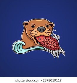 Vector of a cute otter, eating fish.