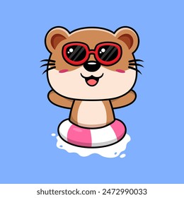 Vector cute otter in sunglasses floating with swimming. flat cartoon style