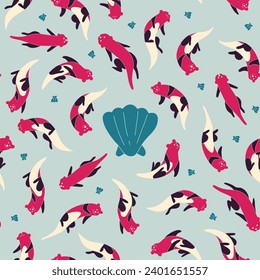 Vector Cute Otter Swimming with Clam Seamless Pattern Background Wallpaper Red Blue Tosca Color