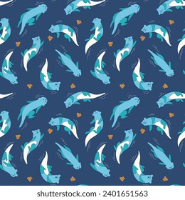 Vector Cute Otter Swimming with Clam Seamless Pattern Background Wallpaper Blue Yellow Tosca color