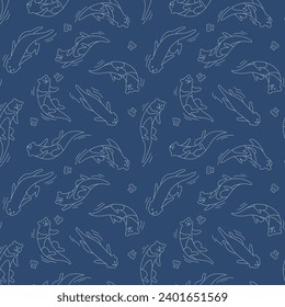 Vector Cute Otter Swimming with Clam Seamless Pattern Outline Background Wallpaper Blue And White