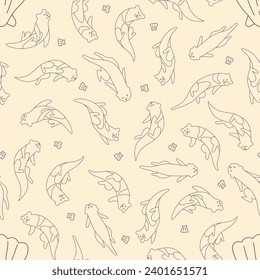 Vector Cute Otter Swimming with Clam Seamless Pattern Outline Background Wallpaper Yellow Pastel