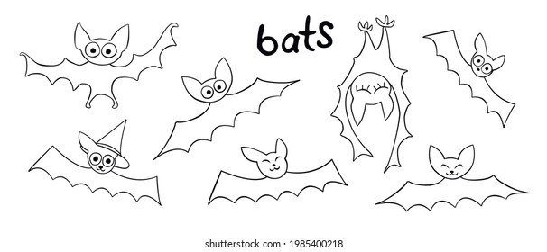 Vector cute outline bats hand drawn in cartoon doodle style. Black contour illustration isolated on white background. For Halloween design, greeting card, children coloring pages
