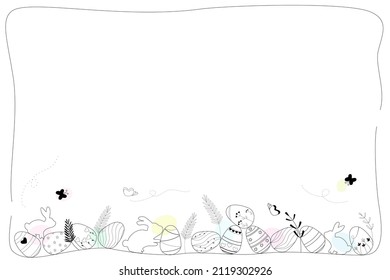 Vector - Marco de contorno corto con conejo, huevos, hojas y mariposa. Feliz Día de Pascua. Copiar espacio.