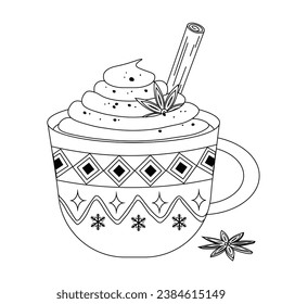 Vector cute outline mug with hot cocoa or coffee sweet cream with cinnamon or chocolate chips cinnamon and vanilla flower ornaments coffee cup Isolated on white background. Halloween decorated mug.