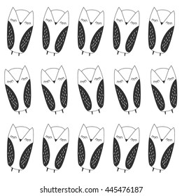 Vector cute owl Black and White Seamless Pattern, Background. Hand drawn doodle for coloring book, wrapping, printing, fabric and textile.