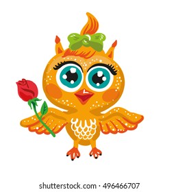 Vector cute owl. Cartoon character. Bird holding a rose flower. Isolated illustration on white