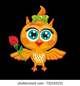 Vector cute owl. Cartoon character. Bird holding a rose flower.
