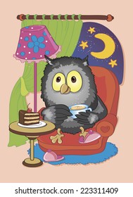 vector cute owl with a cup of coffee in the evening