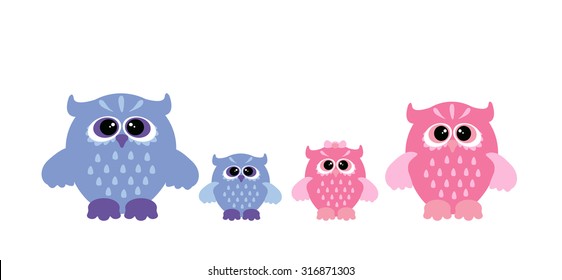 Vector cute owl family. Four owls - mother, father, son and daughter