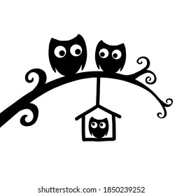 Vector Cute Owl Family Sitting On The Tree Branch. Wall Decal, Greeting Card And Other Design