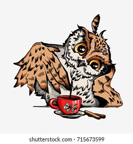 Vector cute Owl Hand drawn cartoon character. Can be used for bags and t-shirt print, fashion print design element, poster