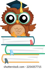 a vector of a cute owl on top of books