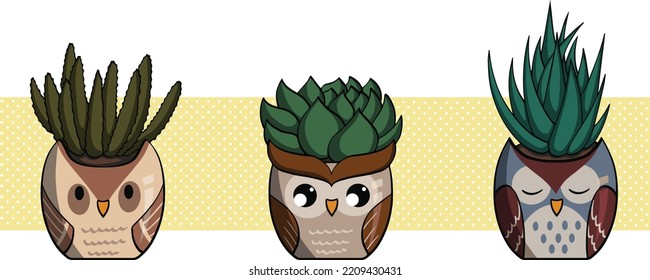 Vector cute owl pots with flowers