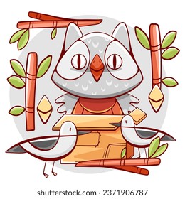 Vector lindo búho con gaviotas al estilo de las caricaturas.