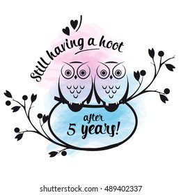 vector cute owls couple on a branch. Design quotes