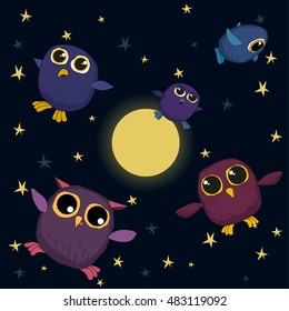 vector cute owls are flying in the sky at night.