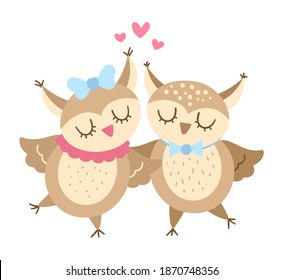 Vector cute owls pair. Loving couple illustration. Love relationship or family concept. Romantic birds isolated on white background. Funny Valentine’s day characters.
