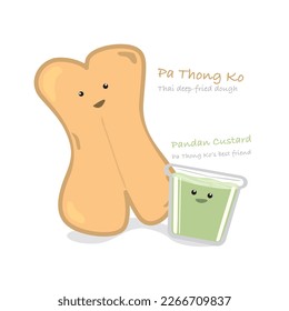 Vector cute Pa Thong Ko or Thai deep-fried dough or Thai-style Chinese cruller and Pandan custard. Isolated flat cute cartoon of Thai popular snack on white background.