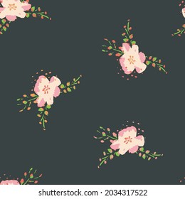 Vector Cute Painted Pink Flowers on Gray seamless pattern background. Perfect for fabric, scrapbooking and wallpaper projects.