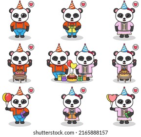 Vector of Cute Panda in Birthday Party. Set of cute little Panda characters. Collection of funny Panda isolated on a white background.