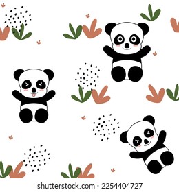 Vector cute panda cartoon seamless pattern animal with leaf