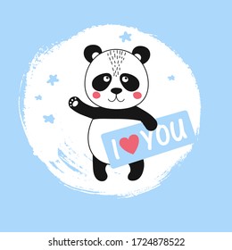 Vector cute panda character waving and holding shape I love You. Funny kid animal in scandinavian style. Kawaii wild bear for baby shower party, holiday, poster, card
