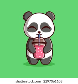 Vector Cute Panda Drinking Smoothie Illustration. Kawaii Animal Cartoon Character Design For Banner, Poster, Icon, and Mascot