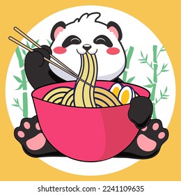 Vector cute panda eats rumen (noodles) from the bowl. Cartoon vector icon illustration. Template design