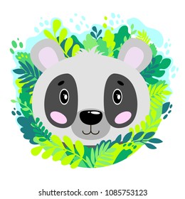 Vector cute panda face in the jungle. For print on a T-shirt, a picture in the nursery. Illustration.
