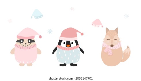 Vector - Cute Panda, Penguin and fox on winter costume dress with hat and snowflake. Pastel color. Can be use for print, sticker or decorate any card. Clip art. Holiday, Christmas season.