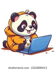 vector cute panda playing on laptop cartoon , panda With laptop illustration