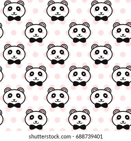 Vector cute pandas with black bows pattern on the pink polka dot background

