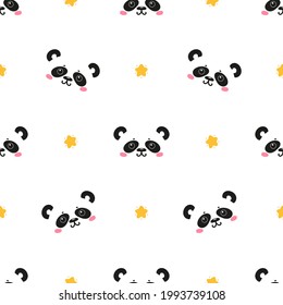 Vector Cute Pandas and Stars Seamless Pattern. Childish Background with Doodle Chinese Panda or Bamboo Bear Face. Baby Animals Drawing for Tee Print for Kids