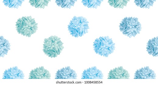 Vector Cute Pastel Blue Birthday Party Paper Pom Poms Set Horizontal Seamless Repeat Border Pattern. Great for handmade cards, invitations, wallpaper, packaging, nursery designs.