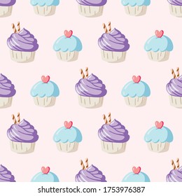 Vector Cute Pastel Blue Purple Cupcakes Hand drawn seamless pattern