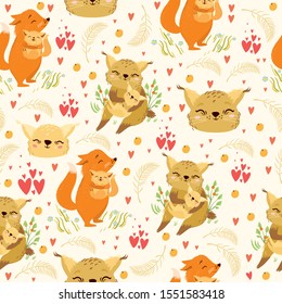 Vector cute pattern with animals. Mom and baby, lynx, fox, breed, cartoons. For small children, children's rooms, wallpapers, doors, interiors, textiles, fabrics, clothing print. Mom's day