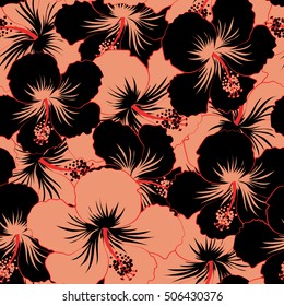 Vector cute pattern in black and pink hibiscus flowers. Small colorful flowers. Motley. Spring floral background. The elegant the template for fashion prints.