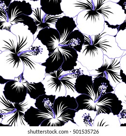 Vector cute pattern in black and white hibiscus flowers. Small colorful flowers. Motley. Spring floral background. The elegant the template for fashion prints.