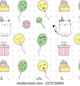 Vector cute pattern with cartoon characters.  Birthday.  Colorful flat illustration for your creativity.