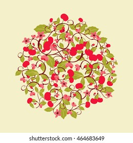 Vector cute pattern with Cherries and blossom. Round shape background for fabrics, textiles, paper, wallpaper. 