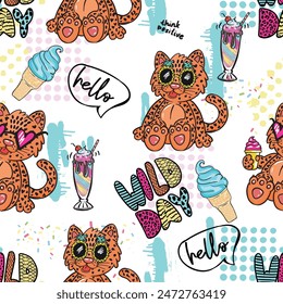 Vector cute pattern with hand-drawn leopard and ice cream.  fashion drawing for t-shirts. creative design for girls.Illustration  for clothes. Girlish print