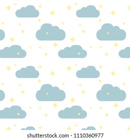 Vector Cute Pattern Illustration with little stars and blue clouds 