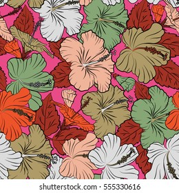 Vector cute pattern in red and pink hibiscus flowers. Small colorful flowers. Motley seamless pattern. Spring floral background. The elegant the template for fashion prints.