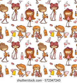 Vector cute pattern seamless with doodle fashion girls