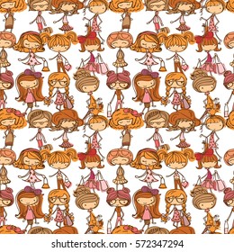 Vector cute pattern seamless with doodle fashion girls