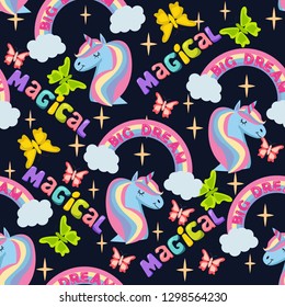  Vector Cute pattern with unicorn, rainbow and stars, inscription big Dream and magical. Can use for poster, greeting card background. 