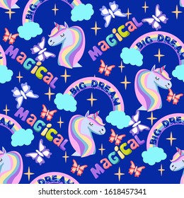  Vector Cute pattern with unicorn, rainbow and stars, inscription big Dream and magical. Can use for poster, greeting card background. 