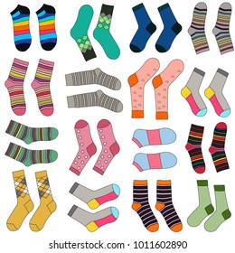 Vector Cute Pattern With A Variety Of Socks Packaging design, textile design. White background.