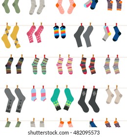 Vector Cute Pattern With A Variety Of Socks. That Are Washed And Dried On A Rope. Packaging design, textile design. White background.